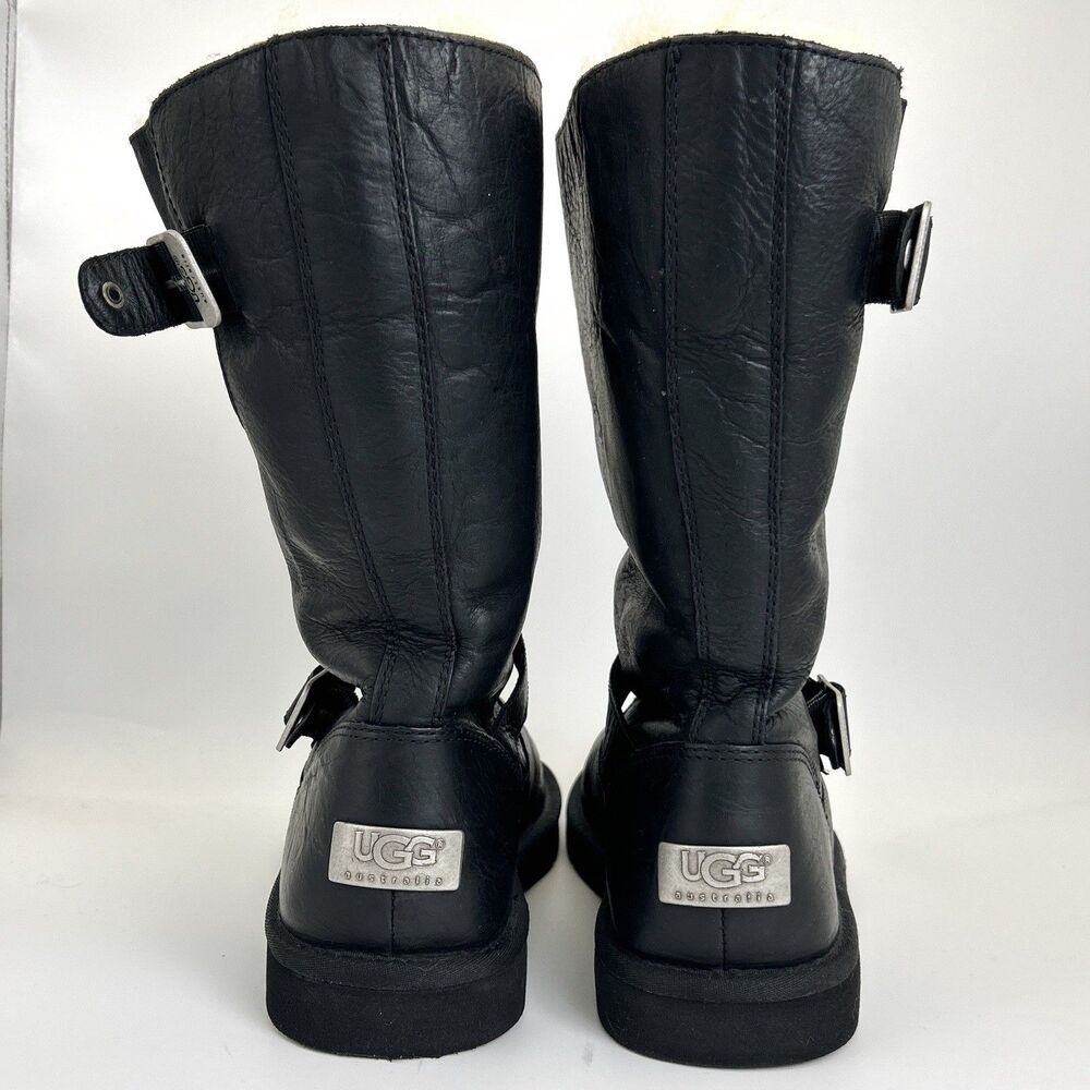 UGG Kensington Biker Moto Boots Womens Sz 10 Black Leather Buckle Shearling 5678 - Picture 5 of 9
